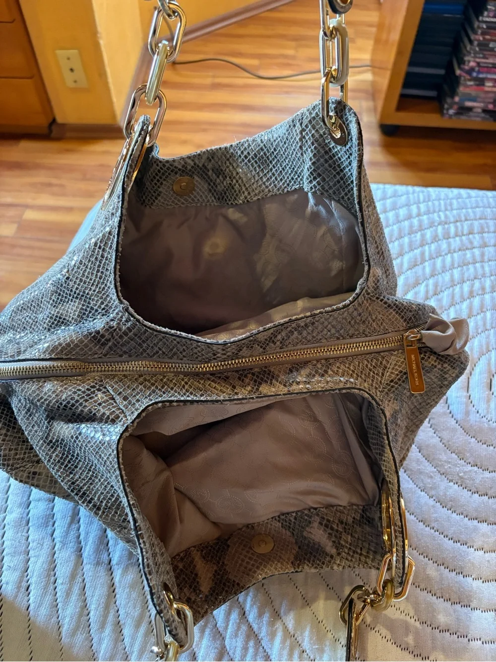 Michael Kors Metallic Gold Snake-Print Hobo